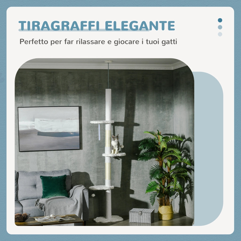 Albero per Gatti a Soppalco Regolabile in Sisal ¨C Zephmum ¨C Bianco 48x32x225-255 cm