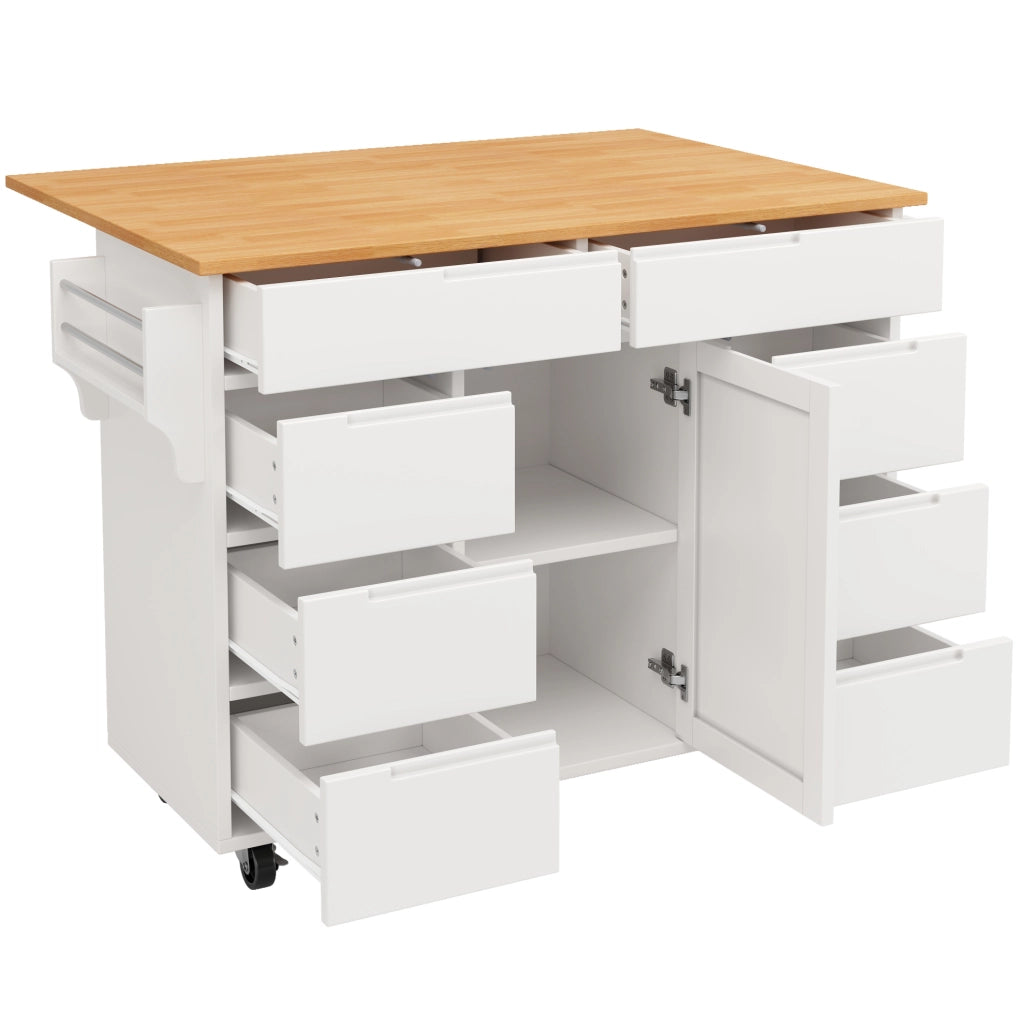 Isola da cucina 122x74.5x91.5 cm pieghevole con 8 cassetti; MDF bianco