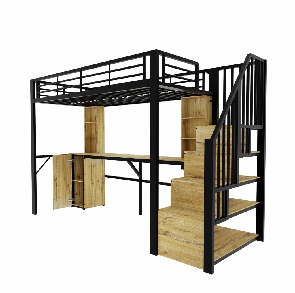 Letto a soppalco 90x200 cm nero in metallo e MDF, scrivania USB, senza materasso