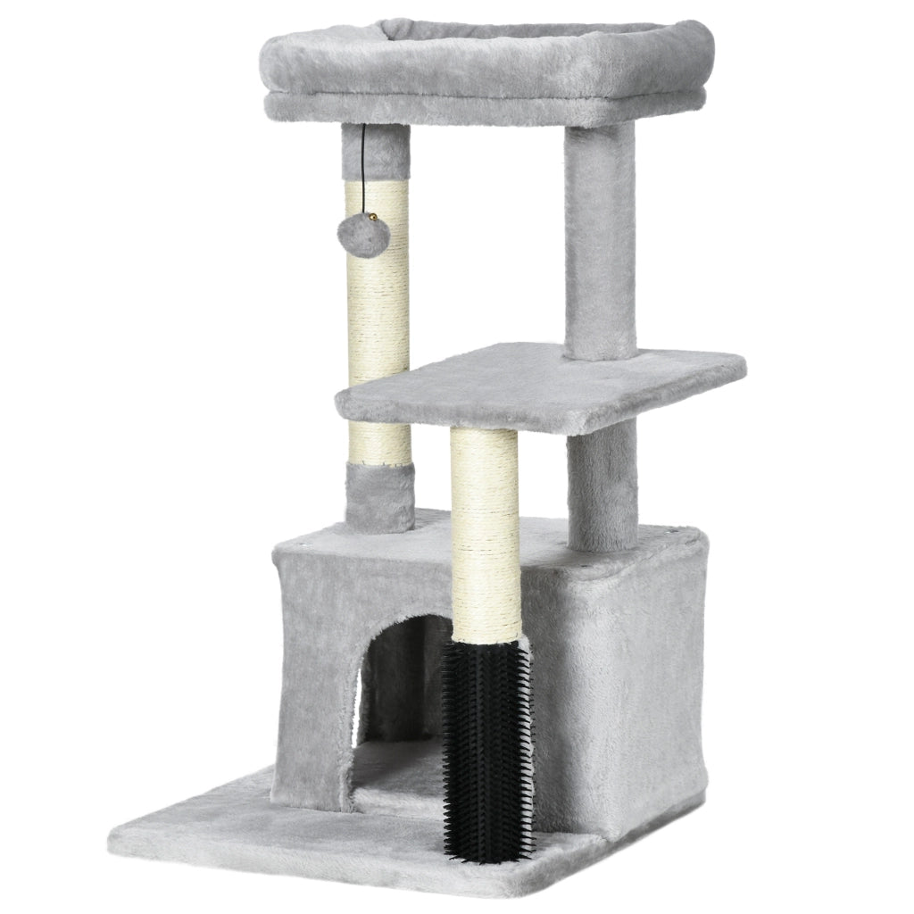 Albero Tiragraffi per Gatti Multilivello con Lettino e Casetta, Rivestimento in Peluche, Grigio