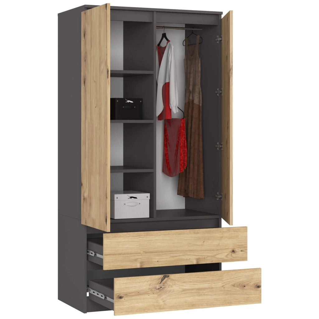 Armadio AKORD S90 Grigia Grafite 90 cm 2 ante 2 cassetti inserto frontale Quercia Artisan 90x51x180 cm