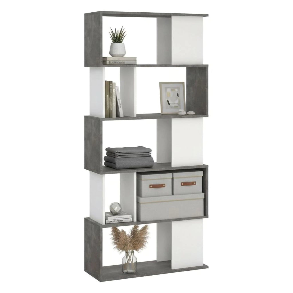 Libreria con 5 ripiani Arg, colore bianco e grigio, Misure 80 x 175 x 29,5 cm
