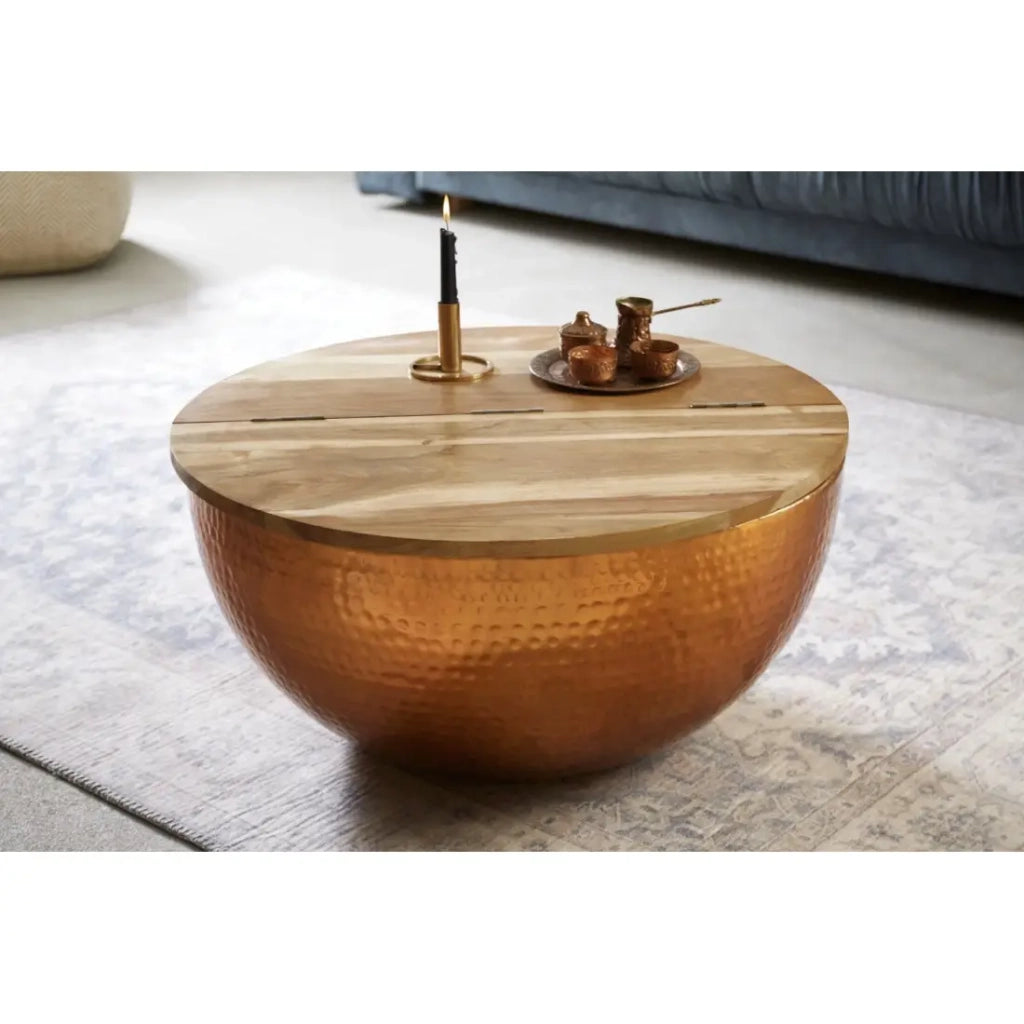 Tavolino basso TRIANE 60 cm con contenitore – Piano in legno di acacia e struttura in alluminio rame martellato