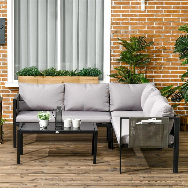 SET DA GIARDINO CON DIVANO, POLTRONA E TAVOLINO DA CAFFÈ IN VETRO GRIGIO