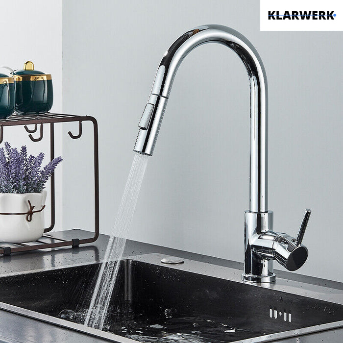 JANA | Rubinetto cucina estensibile Premium in acciaio inox cromato | Miscelatore arco alto gastronomia alta pressione ruotabile a 360° 2 attacchi