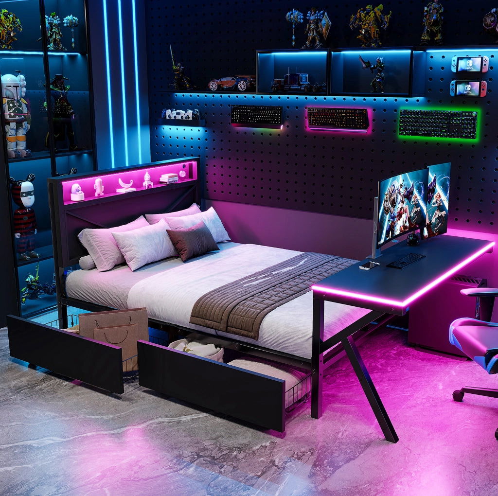 Letto piattaforma da gaming nero 140x200 cm in metallo con testata LED, scrivania LED e due cassetti