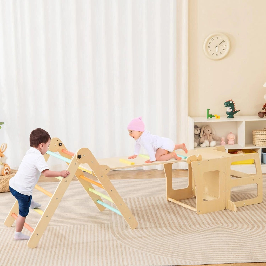 7 in 1 Set da Arrampicata per Bambini, Giocattoli da Arrampicata Pieghevole con Rampa Reversibile Sgabello Convertibile Tavolo e Sedia Lavagna, 3-14 Anni (Colorato)
