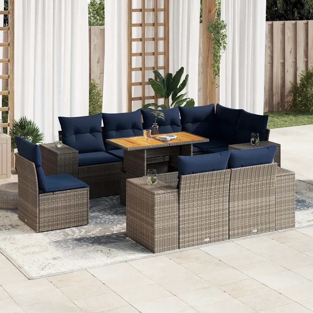 Set Divano da Giardino 9 pz con Cuscini Grigio in Polyrattan 3327393