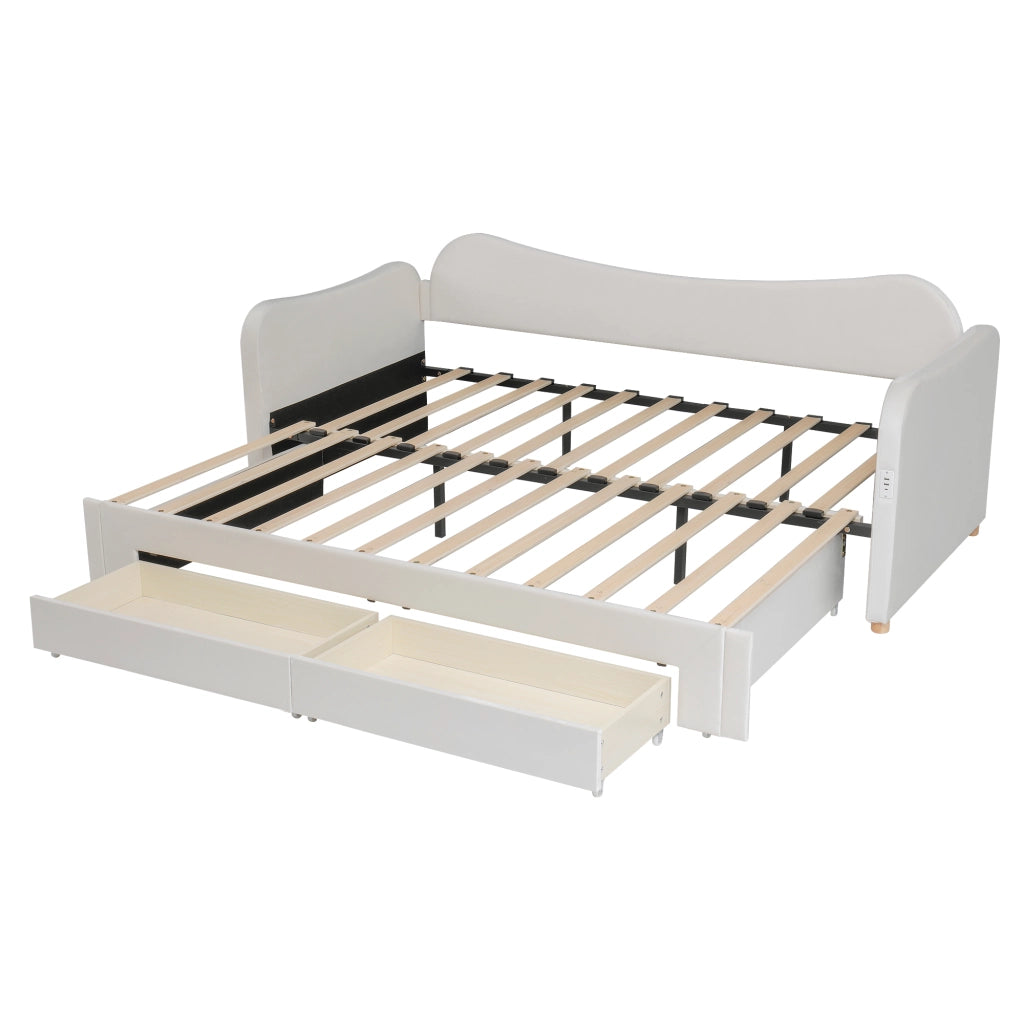 Letto imbottito estraibile 90x200 cm in velluto beige con 2 cassetti, porta USB e USB-C