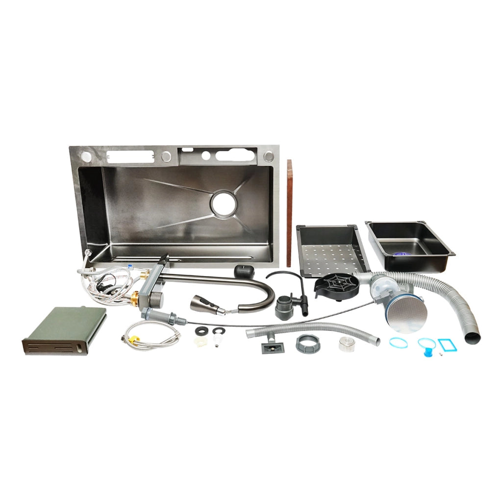Lavello da cucina multifunzionale in acciaio inox con due rubinetti, display digitale della temperatura, funzione cascata, lavapentole, scolapiatti, vassoio, tagliere e accessori di scarico inclusi, dimensioni 75×46×23,5 cm.
