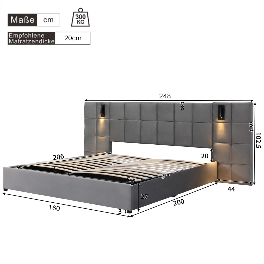 Letto imbottito matrimoniale 160x200 cm grigio con contenitore, lampada da lettura e porta USB