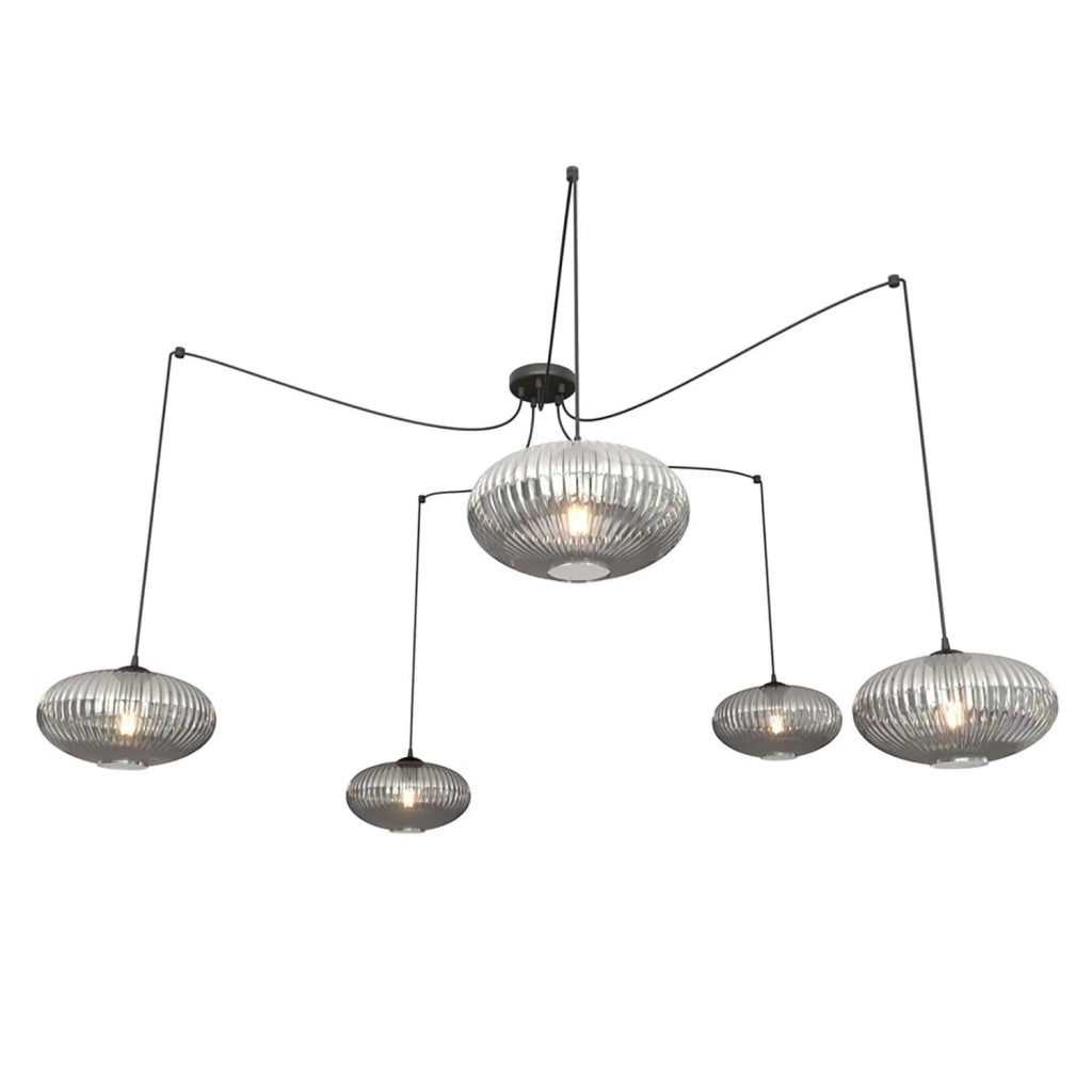 Lampadario 5 Luci Elios In Acciaio Nero Paralume Plissettato Fumè