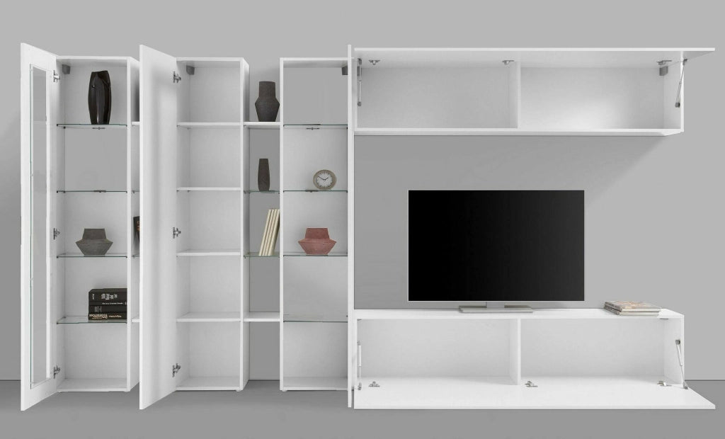 Parete attrezzata Atta, Set salotto porta TV a 5 ante, Mobile soggiorno multiuso, 100% Made in Italy, cm 340x30h180, Bianco lucido