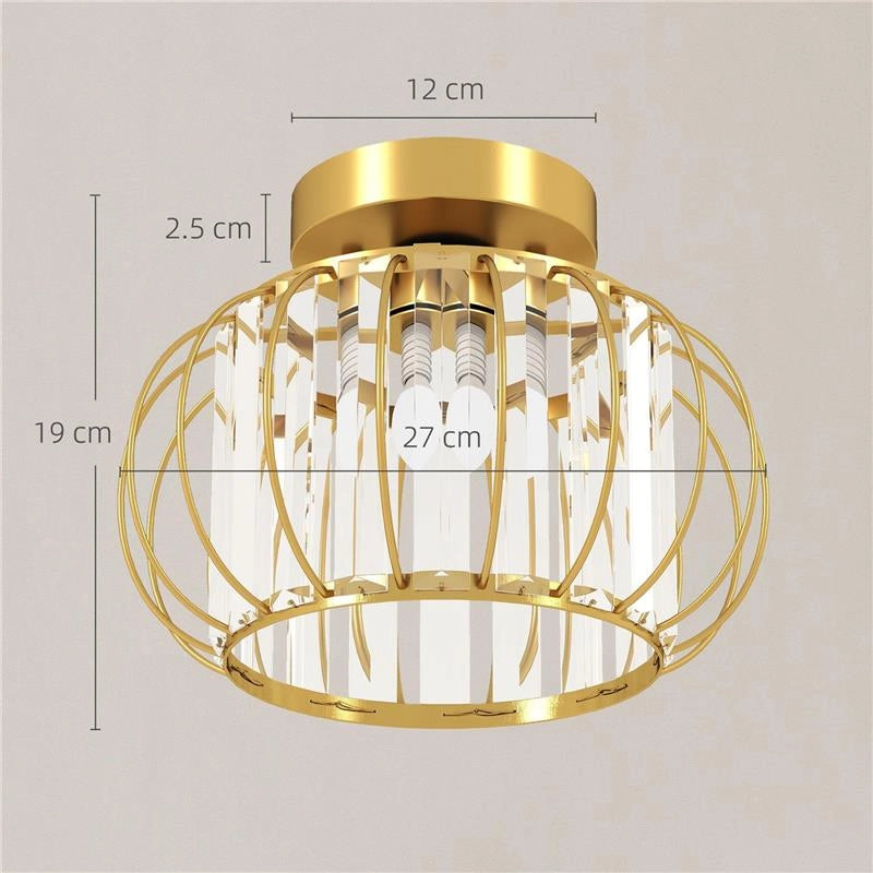 PLAFONIERA LED MODERNA E MINIMAL A GABBIA CON 18 CRISTALLI, IN METALLO ORO, Ï27X19 CM
