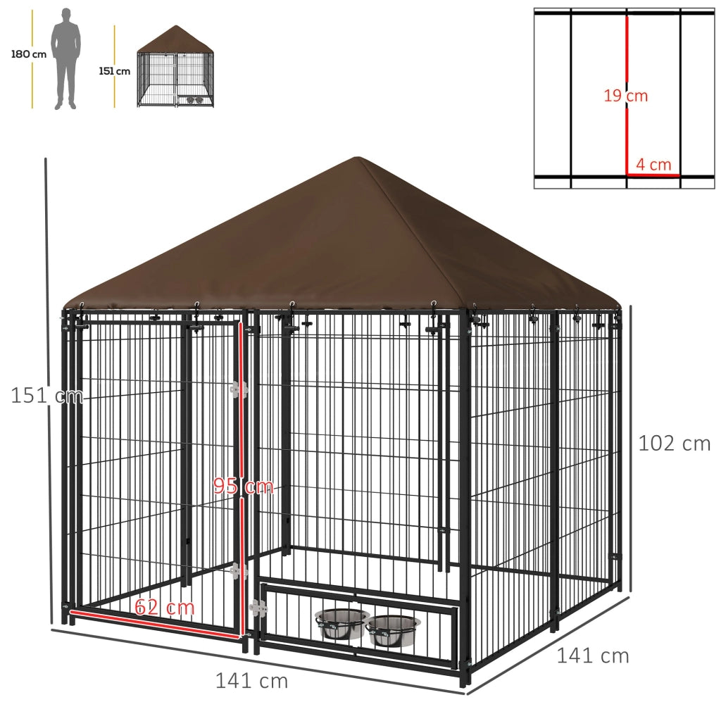 Recinto per Cani con Porticina per Ciotole 141x141x151 cm in Metallo e Tessuto Oxford Nero e Marrone
