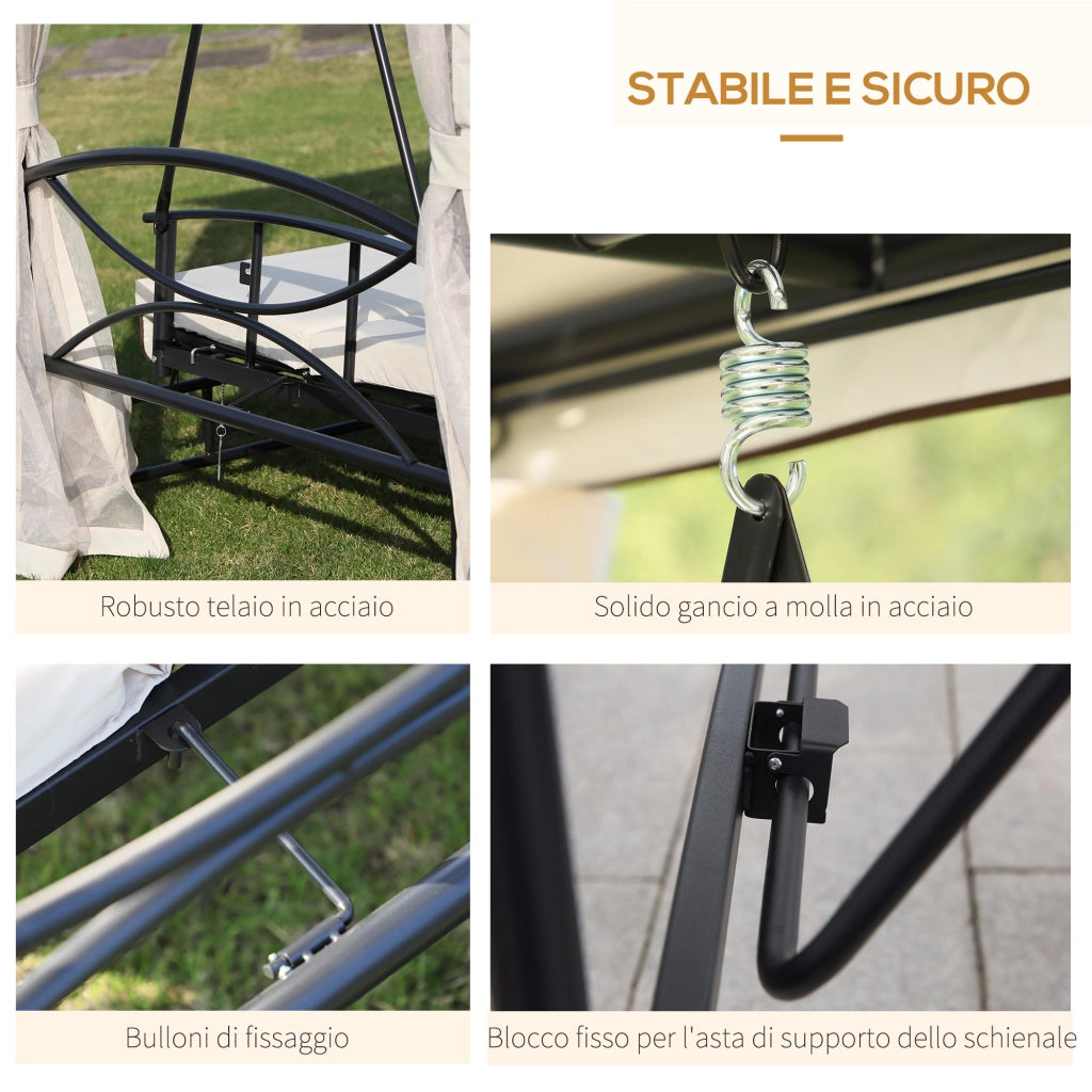 EasyComfort Dondolo 3 Posti e Lettino Singolo Copertura a Gazebo con Zanzariera e Cuscini 256x172x248cm Crema
