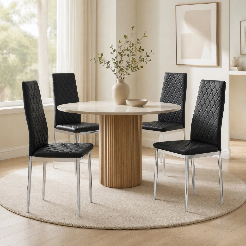 Sedia da Pranzo Set da 4 con Schienale Ergonomico e Gambe in Metallo Cromato, in PU Nero