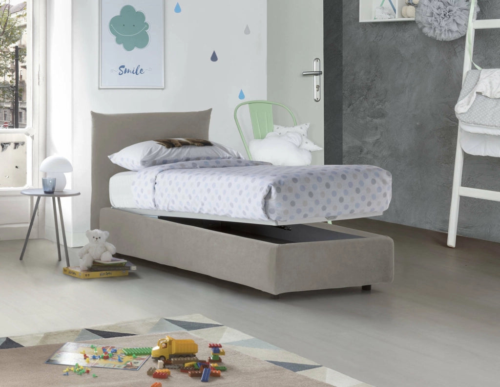 Letto singolo Ippolito, Letto contenitore con rivestimento in tessuto, Made in Italy, Apertura frontale, adatto per materasso cm 80x190, Beige
