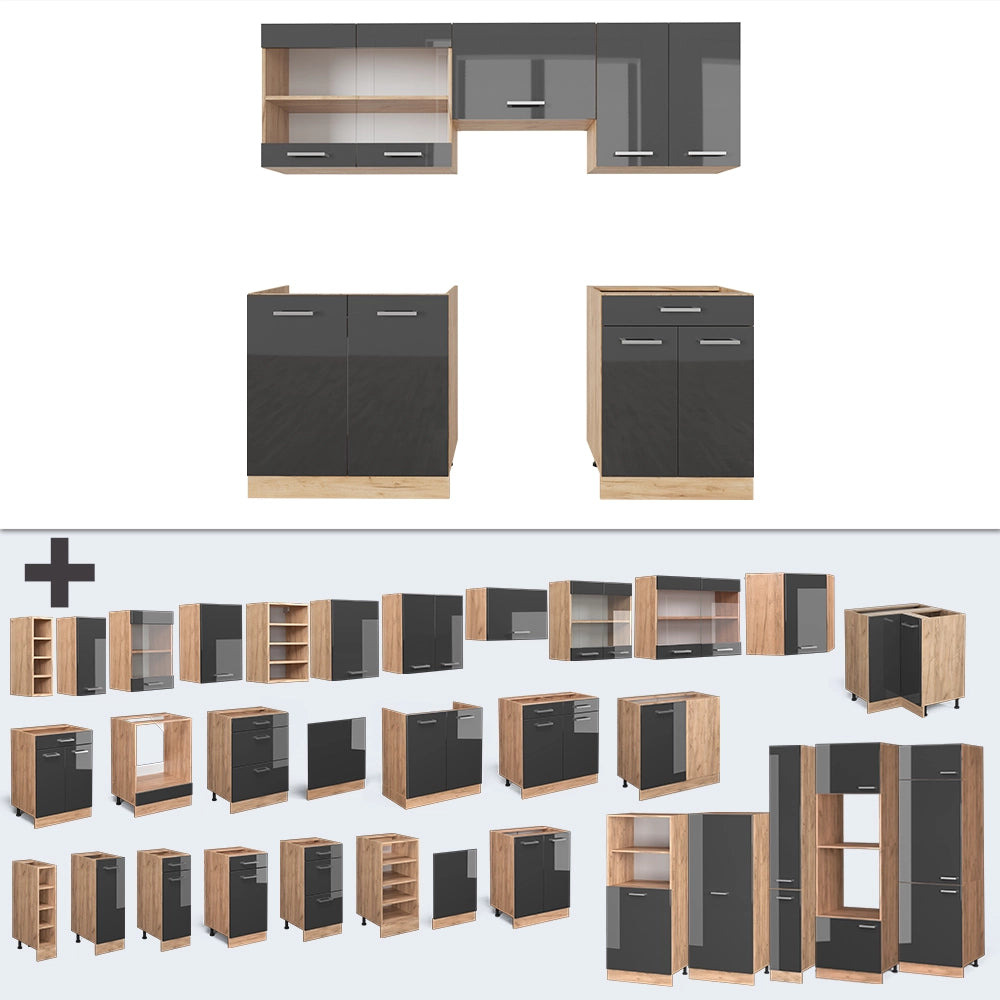 Vicco Cucina componibile Antracite lucido/oro power oak 200 cm senza piano di lavoro
