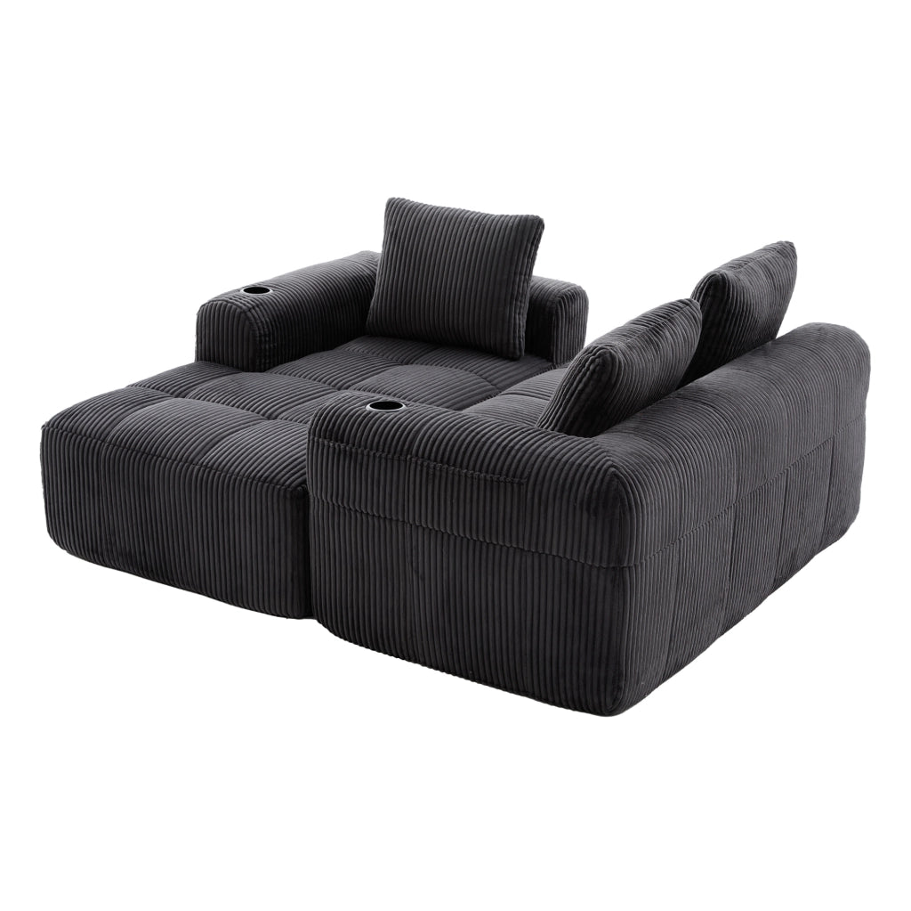 Divano modulare in velluto a coste scuro 253x158x61 cm; con tasche laterali e portabicchieri