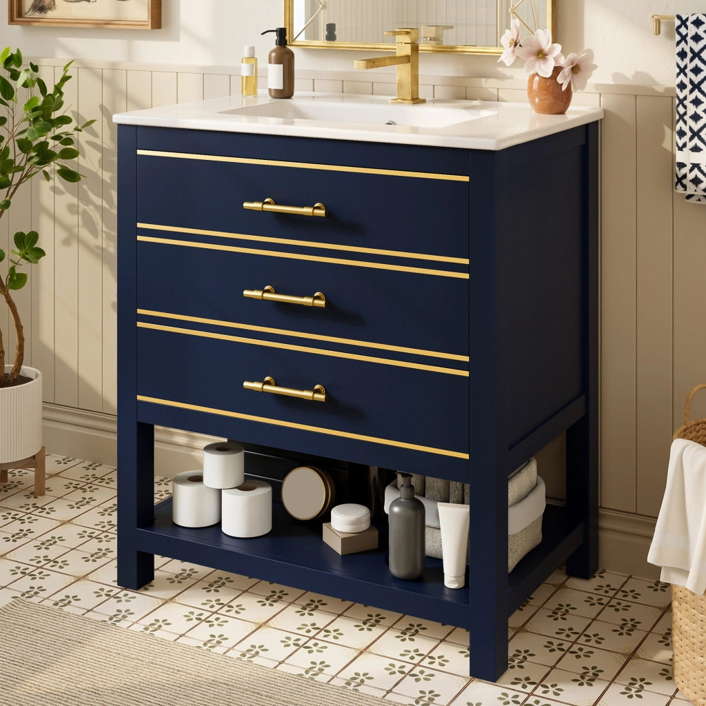 Mobile Bagno Sottolavabo con Lavabo in Ceramica ¨C MINIMAL ¨C 2 Cassetti, MDF Laccato, Maniglie Dorate