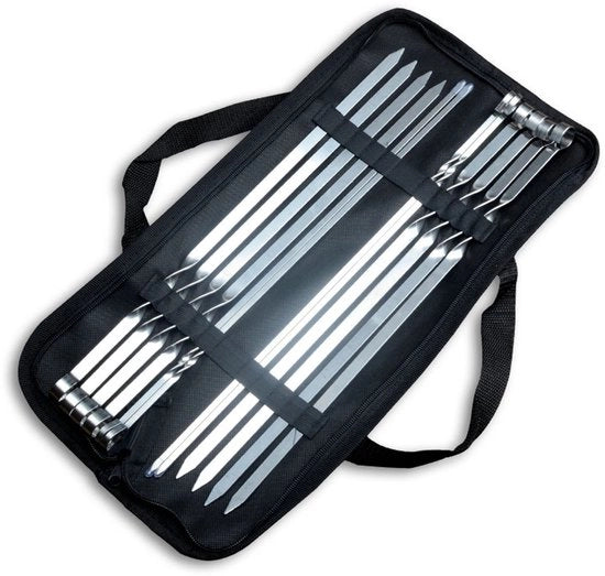 Set di 12 spiedini da barbecue in acciaio inossidabile con tasca di stoccaggio | Spiedini da barbecue da 40 cm | Spiedini da barbecue in acciaio inossidabile | Spiedini da barbecue per uso su grill al chiuso | Barbecue | Accessori per spiedini da barbecue