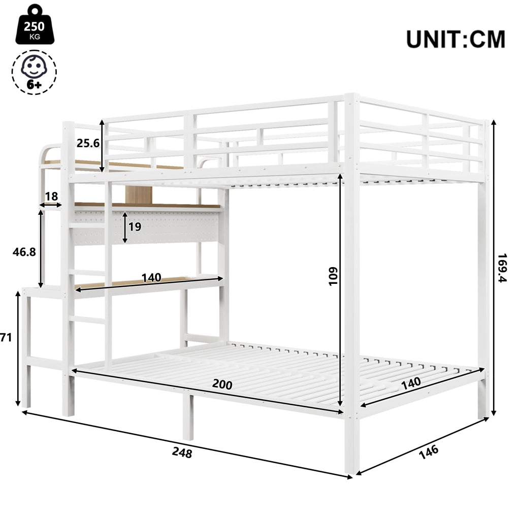 Letto a castello 140x200 cm in metallo e MDF; con scrivania; ripiani; LED e USB; bianco