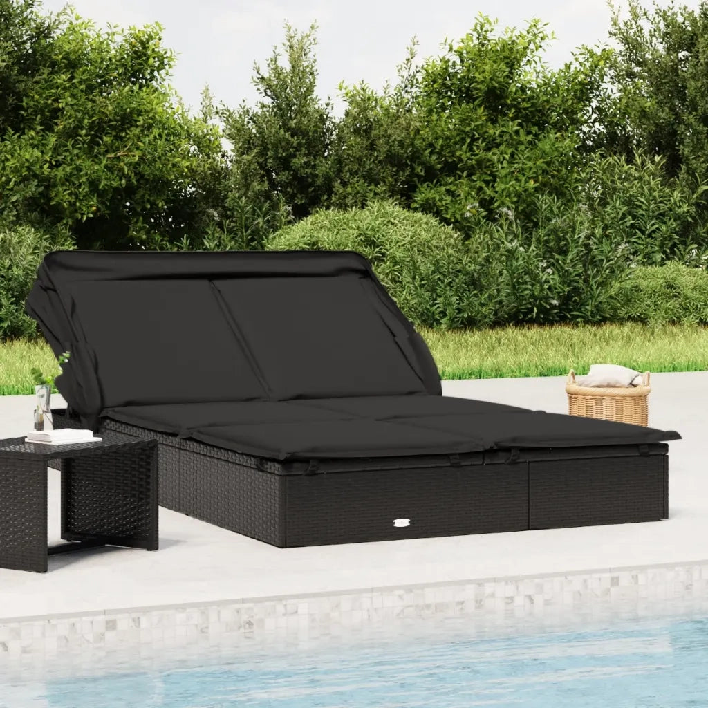 Sdraio da giardino | Lettino Doppio Tetto Pieghevole Nero 213x118x97 cm Polyrattan