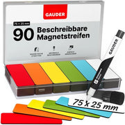 Etichette magnetiche descrittive - tavole magnetiche riutilizzabili per lavagne, lavagne scolastiche, lavagne Kanban e frigoriferi - cartelle magnetiche con pennarelli (90 pezzi - 75 x 25 mm)