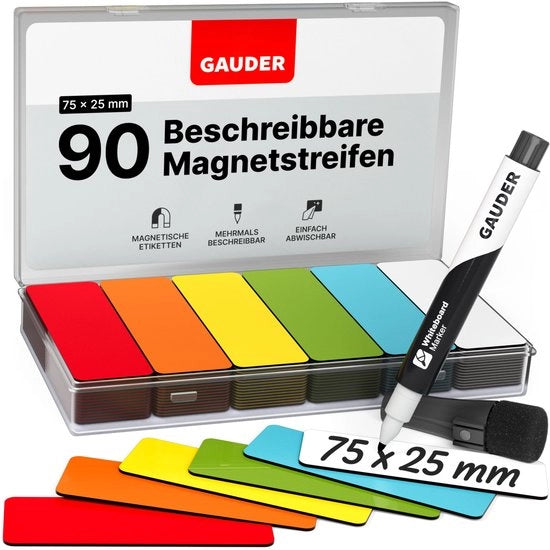 Etichette magnetiche descrittive - tavole magnetiche riutilizzabili per lavagne, lavagne scolastiche, lavagne Kanban e frigoriferi - cartelle magnetiche con pennarelli (90 pezzi - 75 x 25 mm)