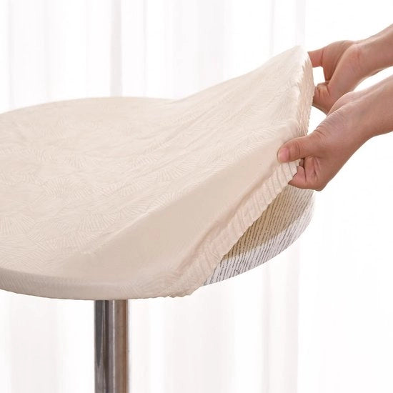 Tavolo da giardino in plastica, beige, 60 cm di diametro con bordi elasticizzati, lavabile e resistente alle macchie, idoneo per cucine, giardini e bar.