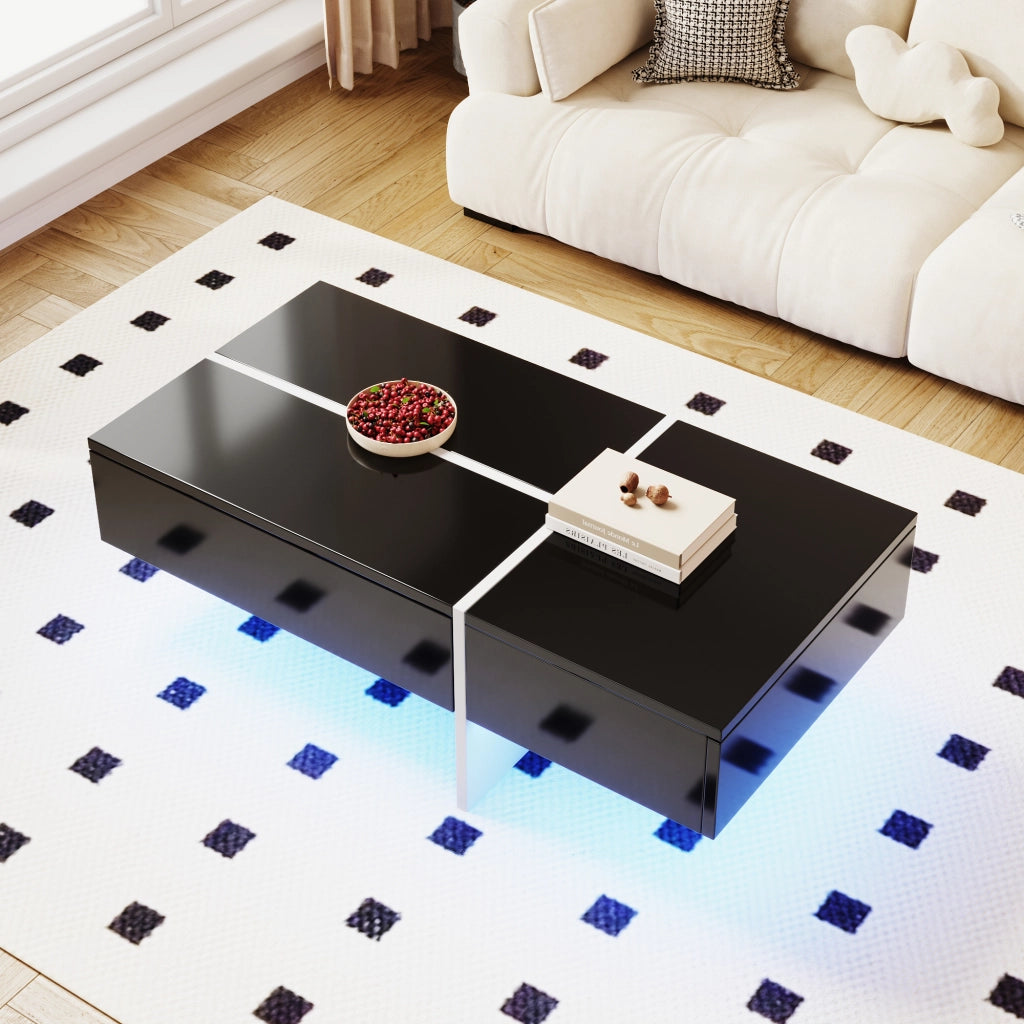 OKWISH Tavolino da Caffè Laccato con 3 Cassetti e LED controllato da applicazione, per Soggiorno, in Truciolare, Nero, 100×50×34,5 cm