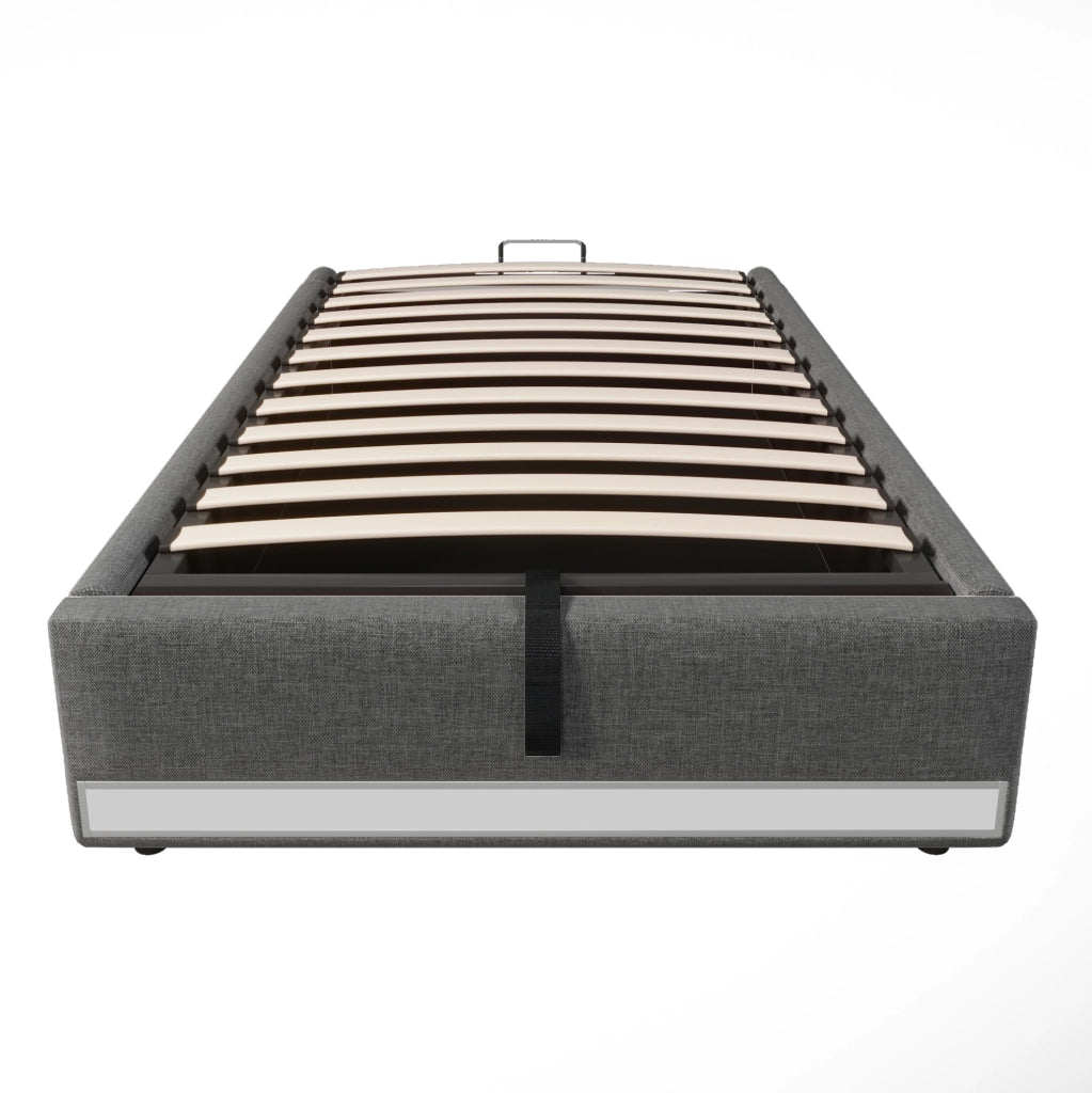Letto imbottito 90x200 cm senza testiera in lino grigio con LED; USB e porta Type-C; contenitore idraulico