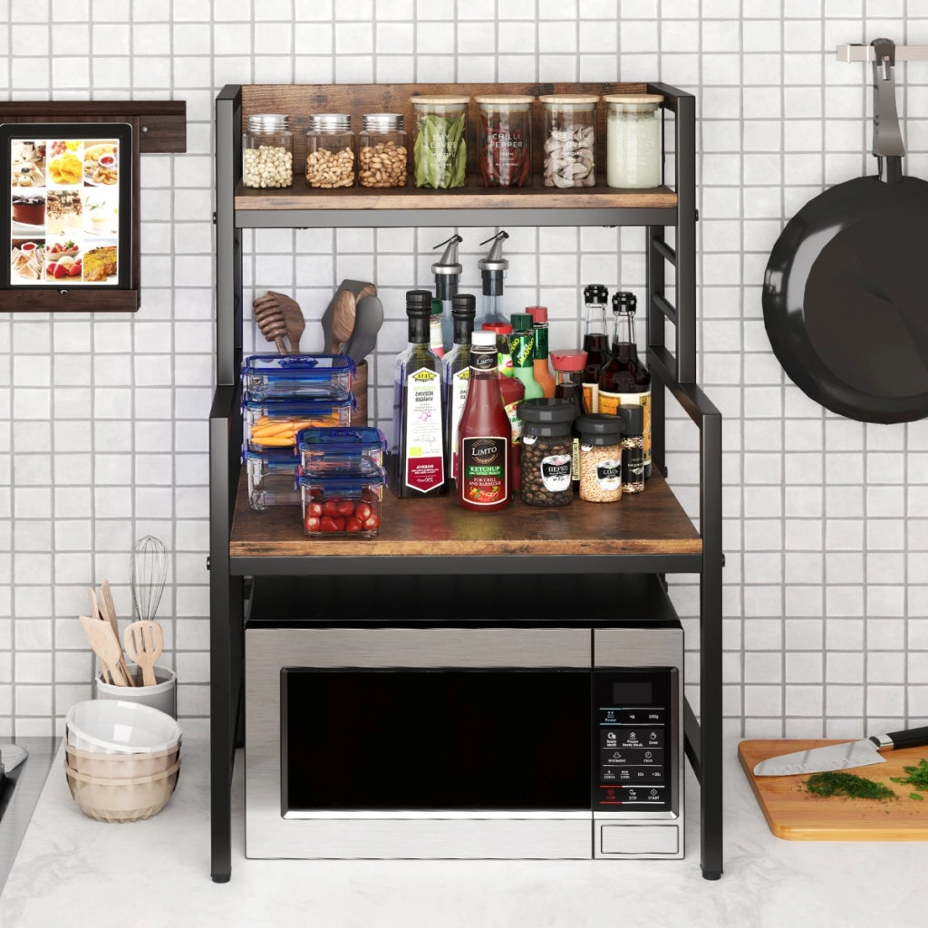 Supporto per microonde a 3 ripiani con struttura in metallo-Organizzatore da cucina industriale con mensole Marrone
