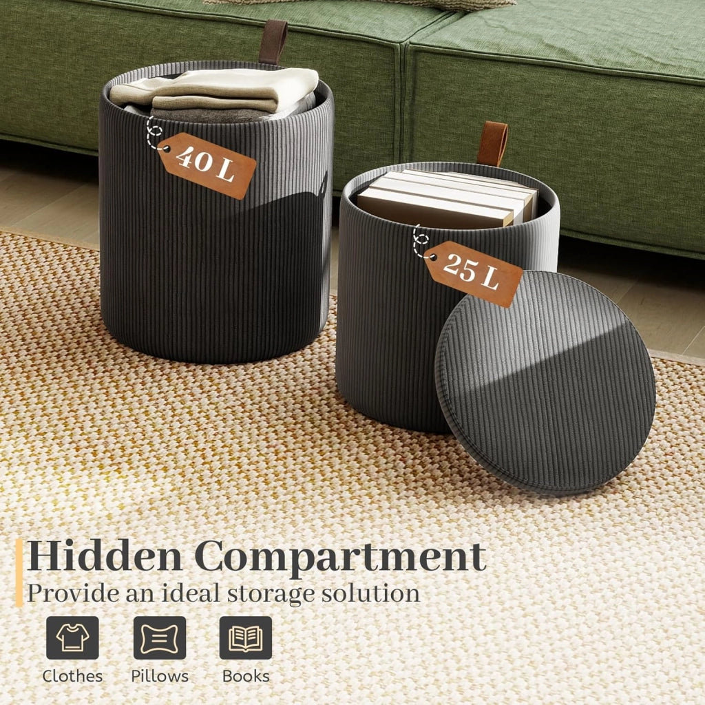 Set di 2 Pouf Contenitore, Poggiapiedi per Soggiorno in Velluto con Coperchi Rimovibili, Sedute Imbottite, Sgabello da Trucco 40 L+25 L, Portata 150 KG, Grigio/Bianco (Grigio)