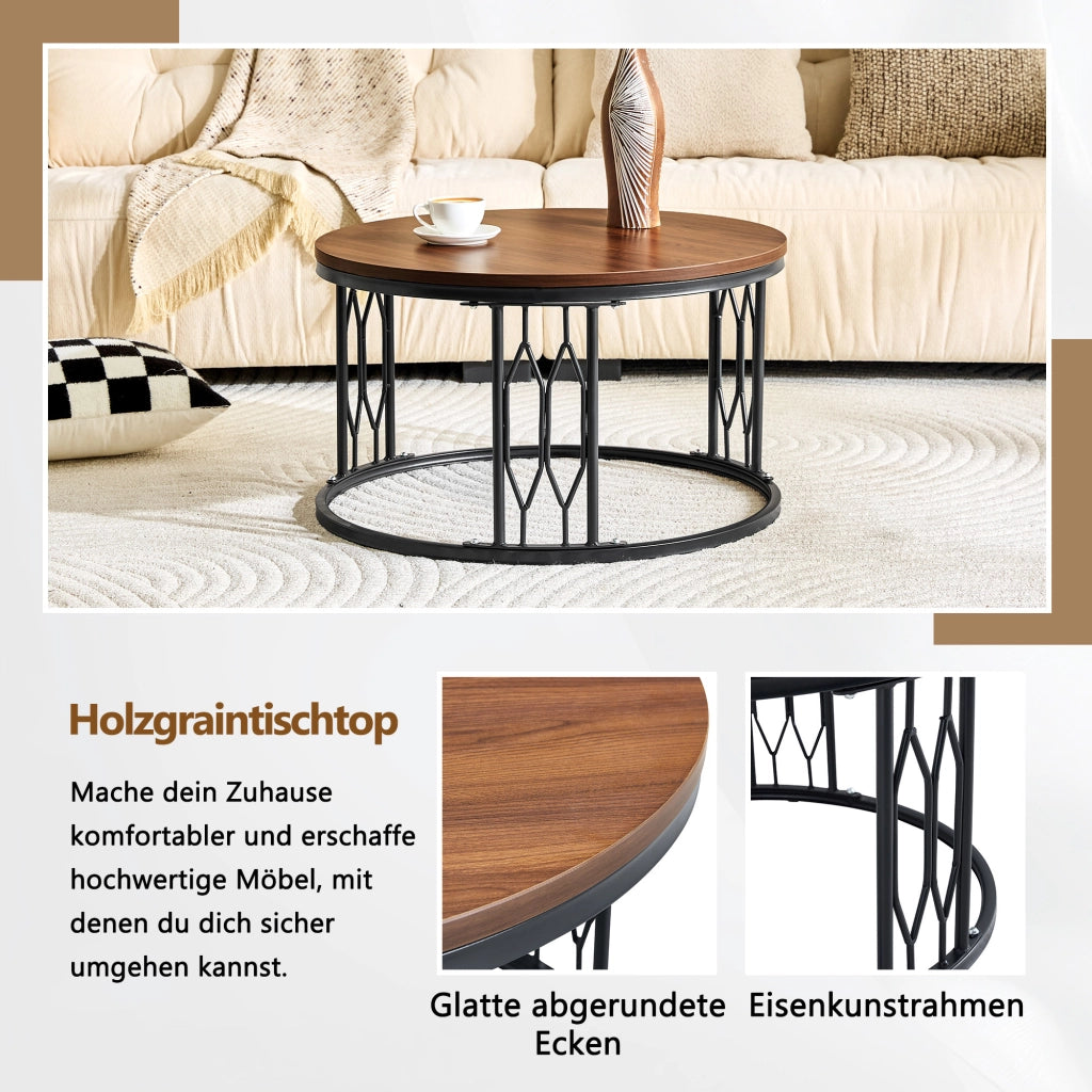Tavolino basso rotondo con piano effetto legno, base in metallo e anello antiscivolo per soggiorno, noce, 70 × 40,5 cm