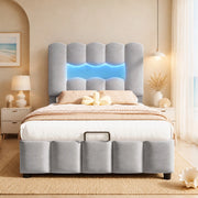 Letto imbottito 90 x 200 cm in velluto grigio con contenitore idraulico e luci LED