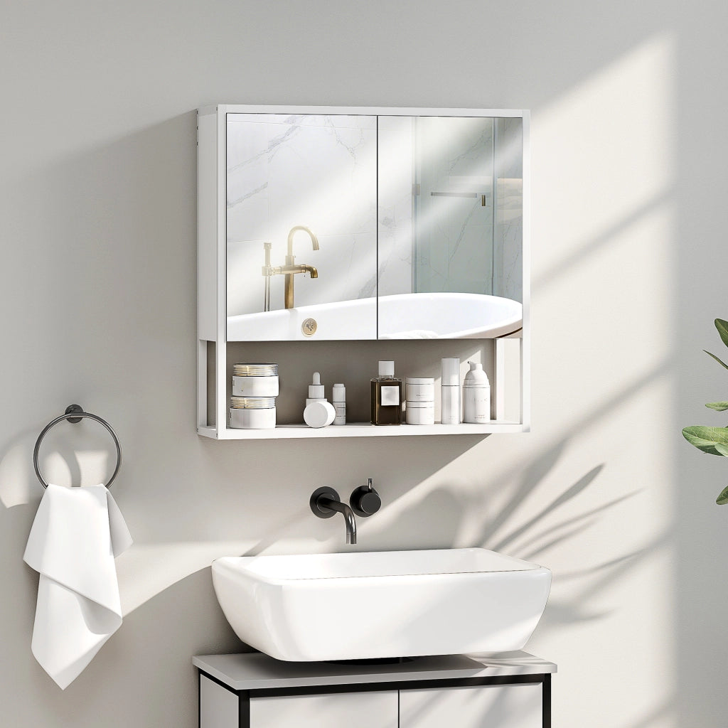 Mobile Bagno a Parete 60x16x60 cm con Specchio Armadietto e Ripiano Aperto in Legno Bianco