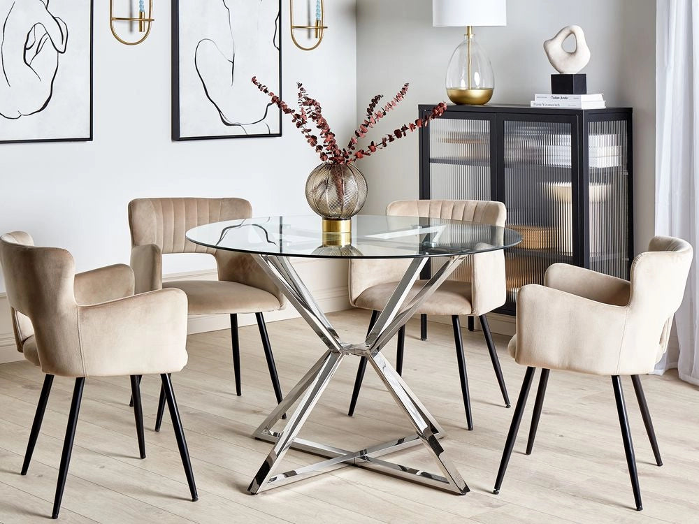 Tavolo da pranzo in vetro temperato trasparente argentato ⌀ 105 cm gambe in metallo elegante moderno