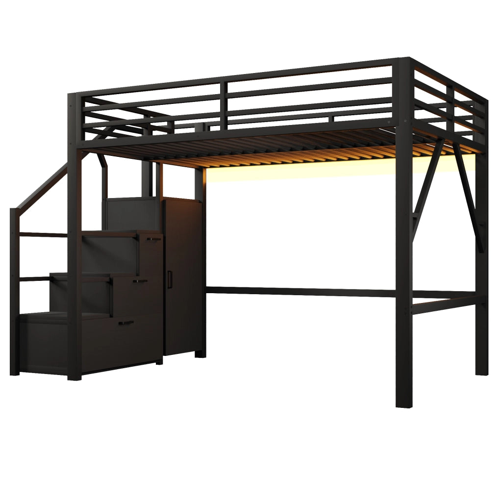 Letto a Soppalco 140x200 cm; Letto Matrimoniale - Contenitore; LED; Armadio e Scaletta - Nero