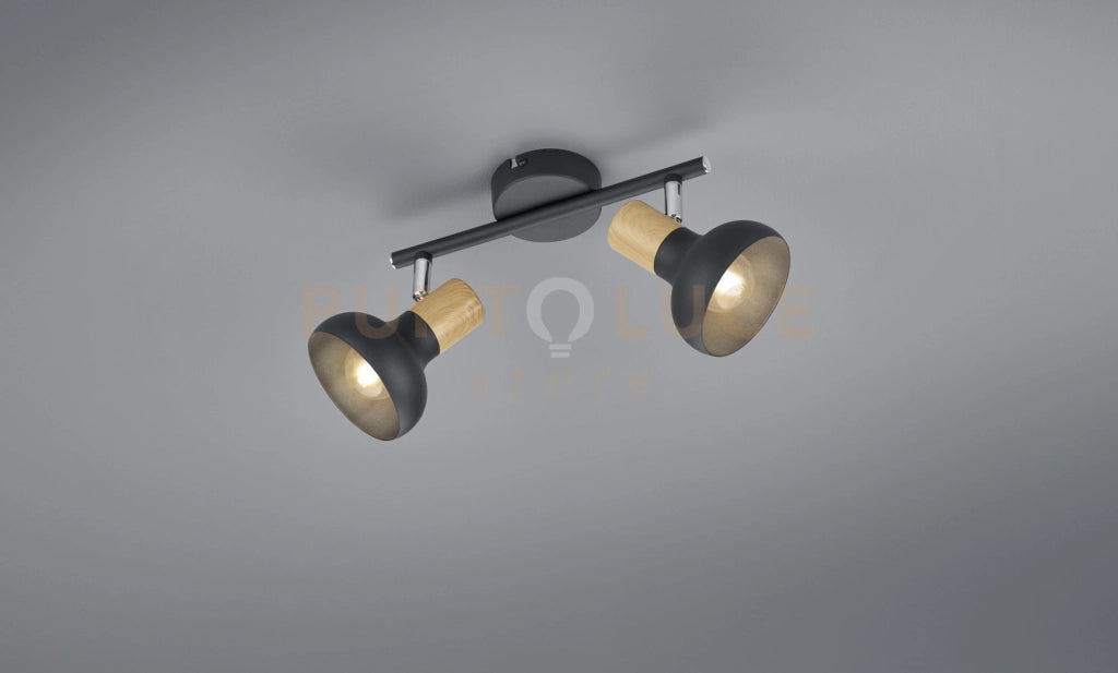 LATIKA BARRA 2 SPOTS METALLO NERO ED EFFETTO LEGNO L. 30CM ATTACCO E14