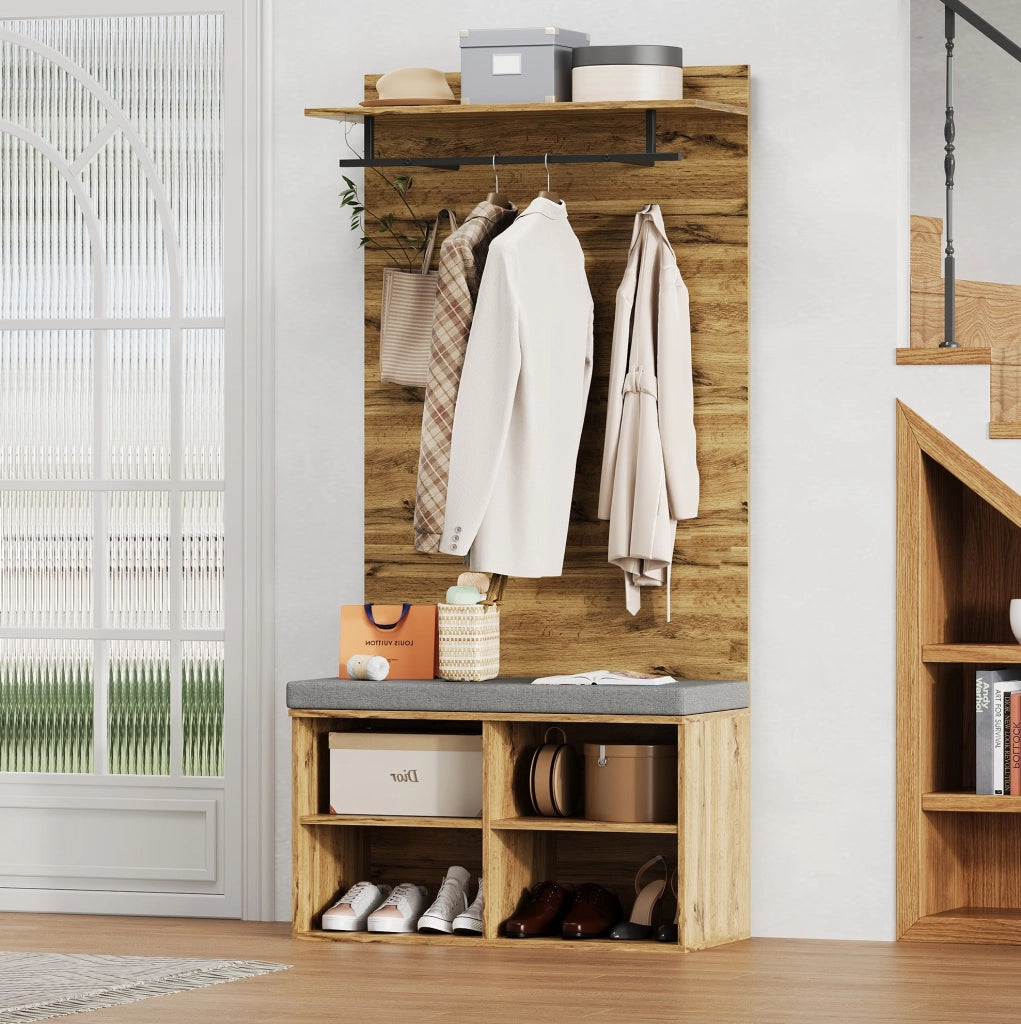 Set guardaroba da ingresso 175 cm con panca portascarpe; appendiabiti e ripiano regolabile; rovere