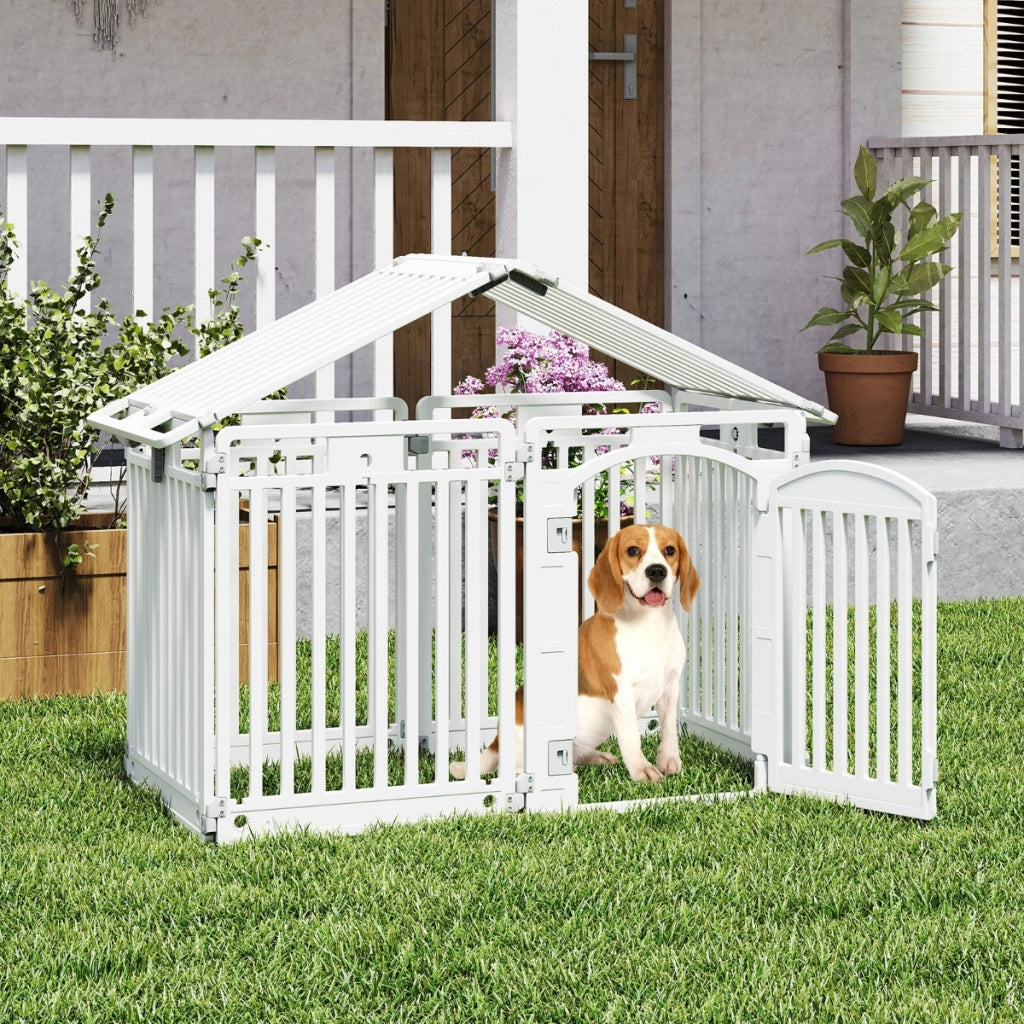Recinto per cani a 8 pannelli con porta di sicurezza e serratura per cani, Recinzione portatile per animali domestici Bianco-Cancelli