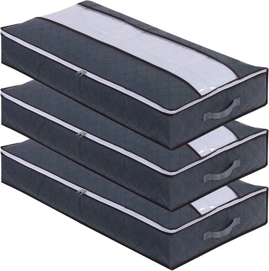 Set di 3 contenitori ripiegabili per sotto il letto in grigio - Adatti per abiti, coperte, coperte e lenzuola del letto con chiusure a lampo robuste e maniglia rinforzata