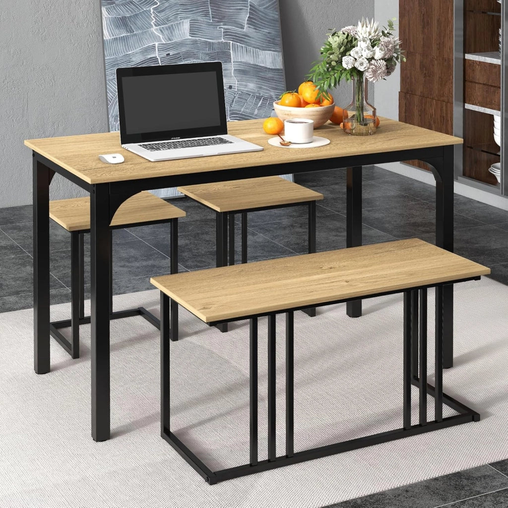 Set tavolo e sedia da pranzo 4 pezzi, tavolo da cucina 4 persone 120 x 60 x 75 con 1 panca e 2 sgabelli, struttura in metallo, per sala da pranzo, soggiorno, caffè (naturale)