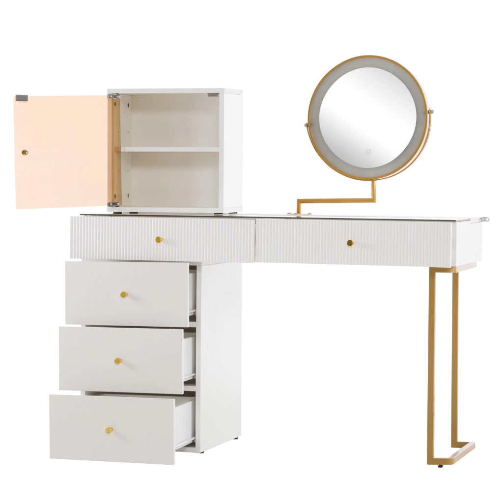 Set toeletta con specchio LED a 3 colori, piano in vetro, bianco e oro, 120 x 45 x 115 cm