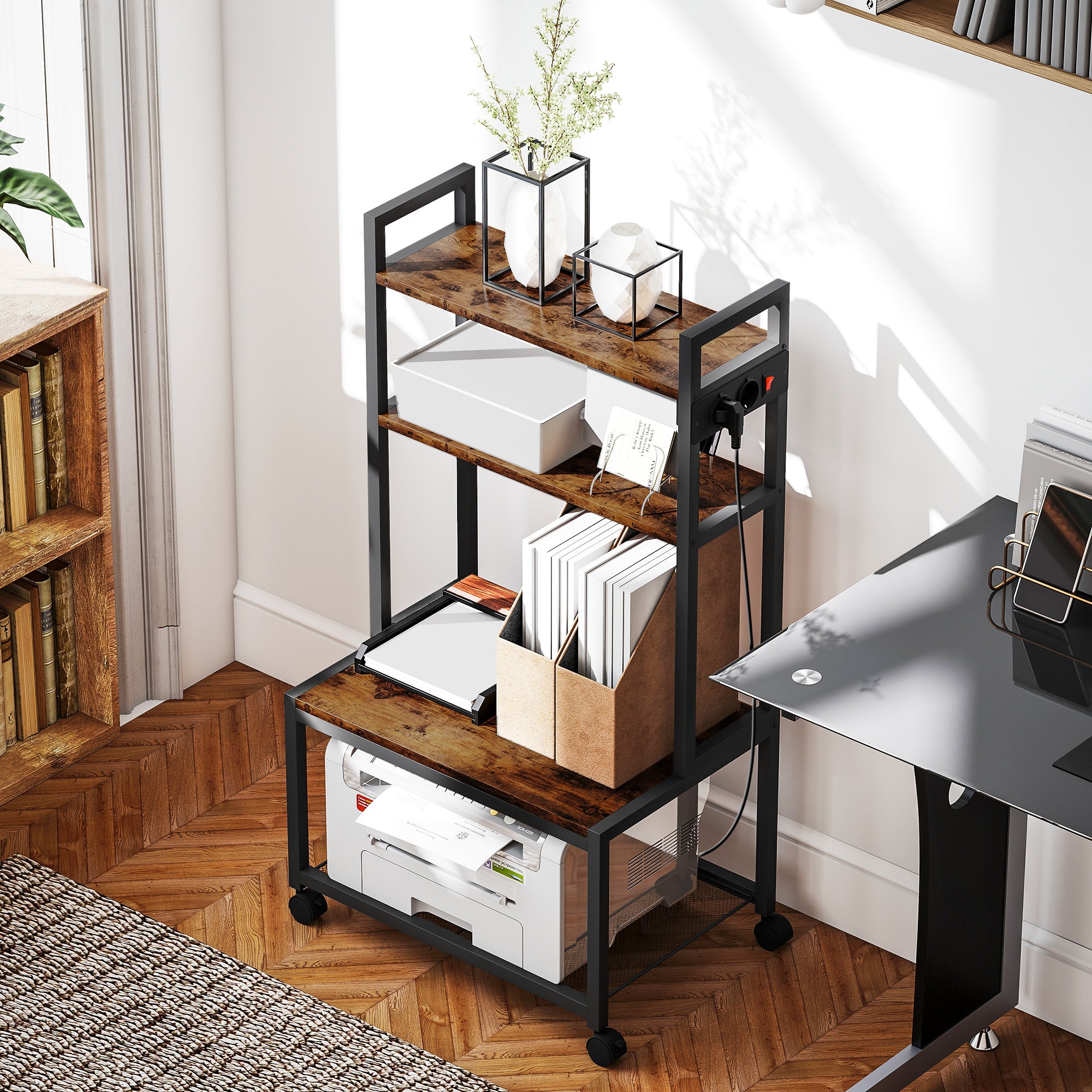 Carrello Porta Stampante a 4 Livelli 55x37.5x100 cm con Prese di Corrente Telaio in Metallo Marrone