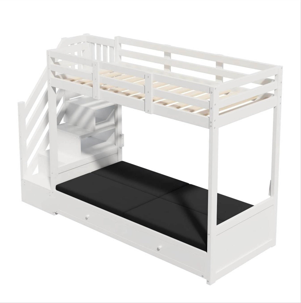 Letto a soppalco per bambini 90x200 cm con divano, scale contenitore e 2 cassetti bianco