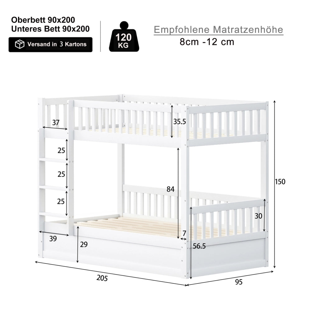 Letto a castello per bambini 90x200 cm con contenitore idraulico; bianco
