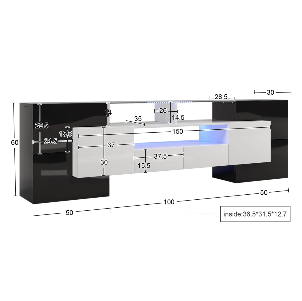 Mobile TV 200 cm con LED; 4 ante; 2 cassetti; 3 scomparti; nero e bianco
